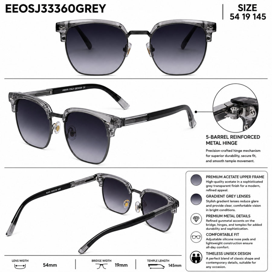 VERLIN 6302 Grey Clubmaster Prescription-Friendly Sunglasses — view 5