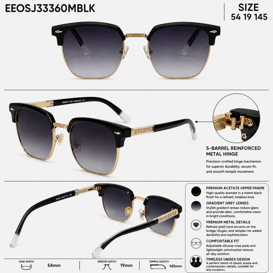 VERLIN 6302 Black (MBLK) Clubmaster Prescription-Friendly Sunglasses — view 5