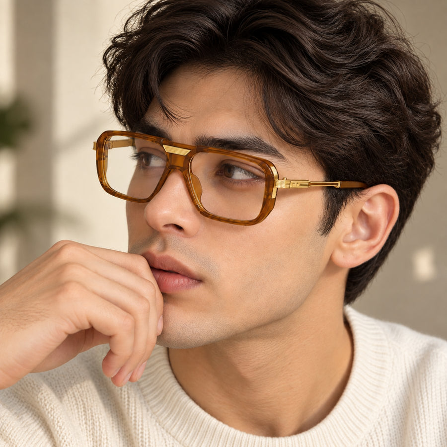 Man wearing VERLIN 6067 Amber Gold navigator eyeglasses