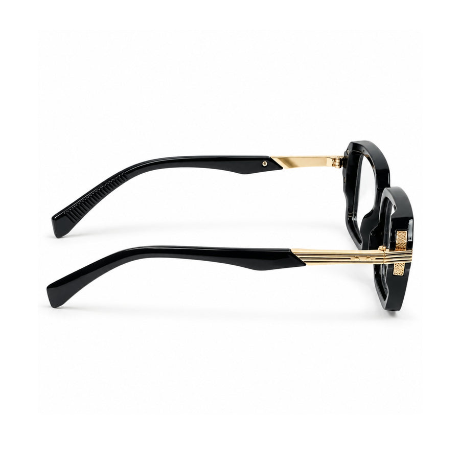 VERLIN 6104 Black Gold square frame, temple and hinge detail