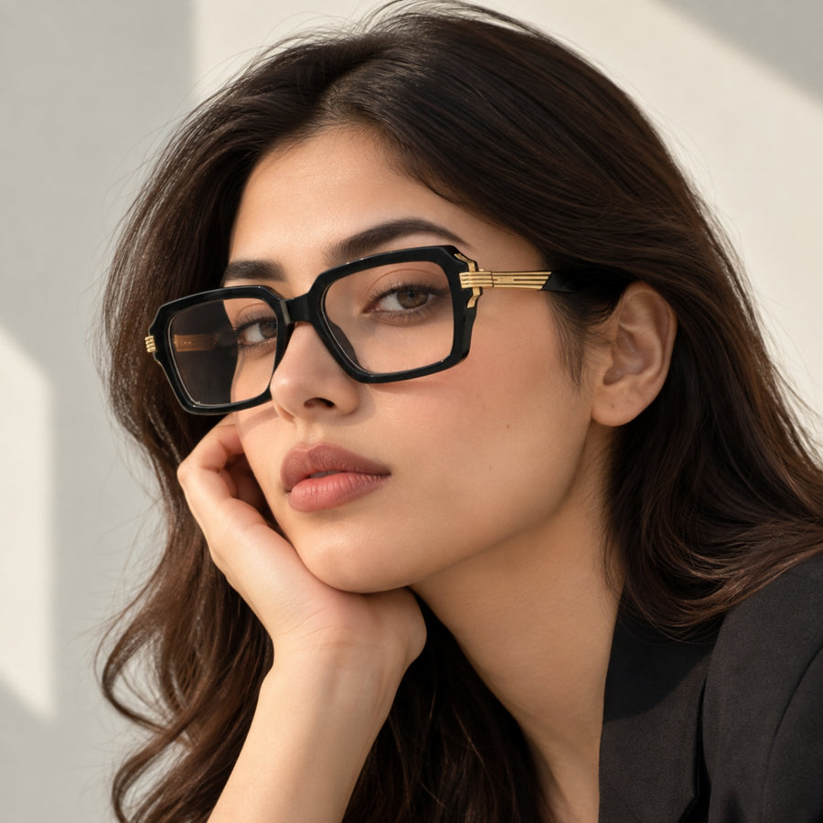 Woman wearing VERLIN 6104 Black Gold square eyeglasses