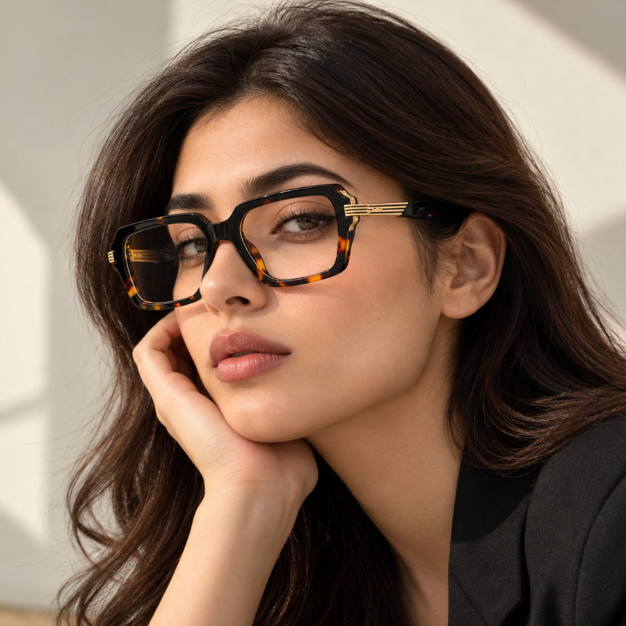 Woman wearing VERLIN 6104 Tortoise square eyeglasses