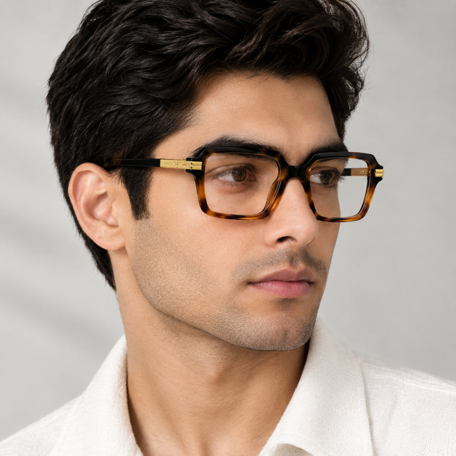 Man wearing VERLIN 6115 Amber Tortoise square eyeglasses