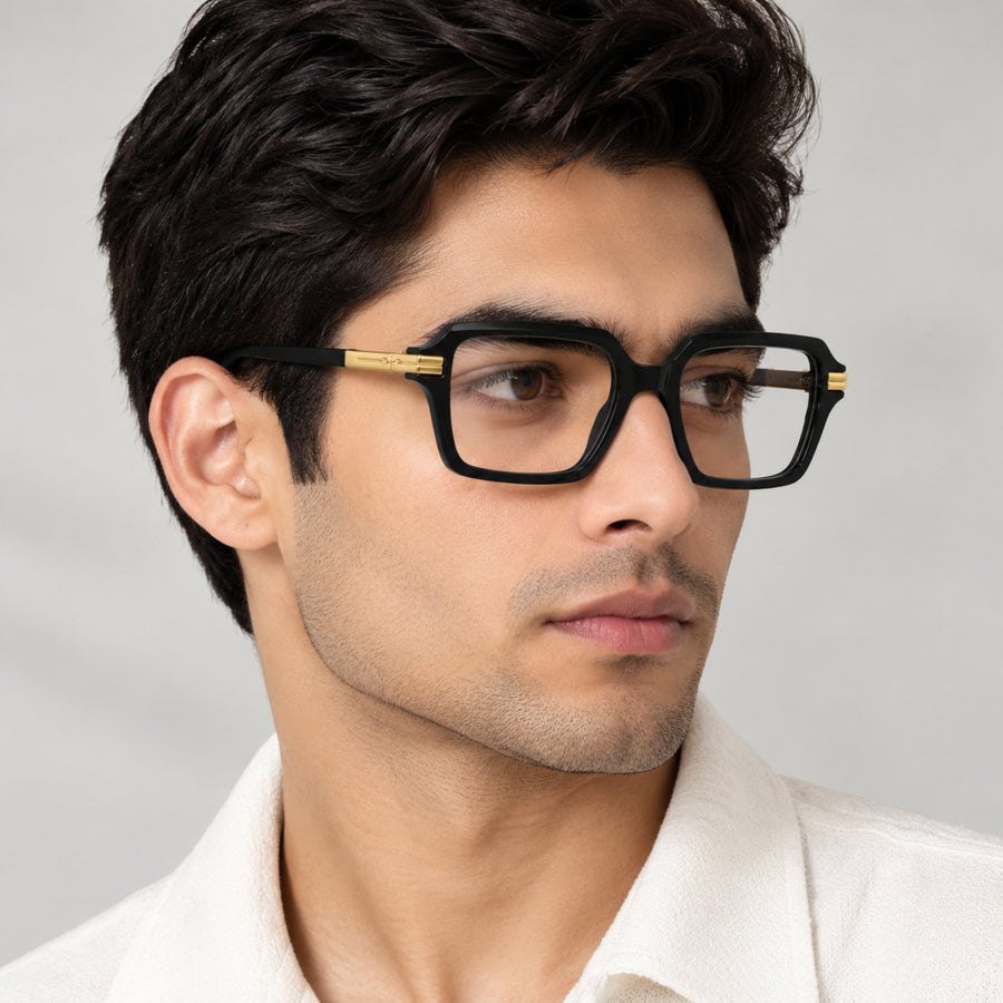 Man wearing VERLIN 6115 Black Gold square eyeglasses