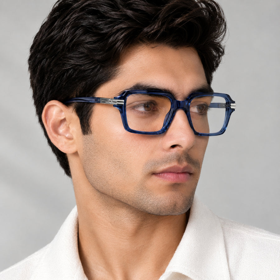 Man wearing VERLIN 6115 Navy Blue square eyeglasses