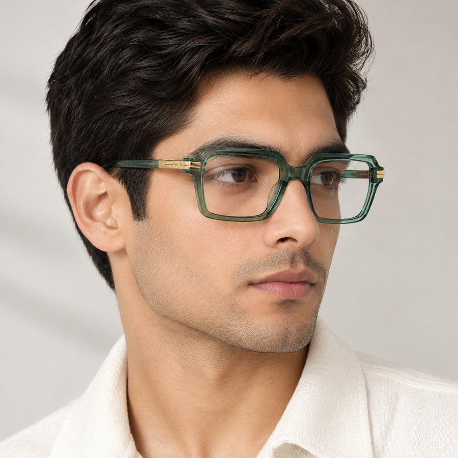Man wearing VERLIN 6115 Sage Green square eyeglasses