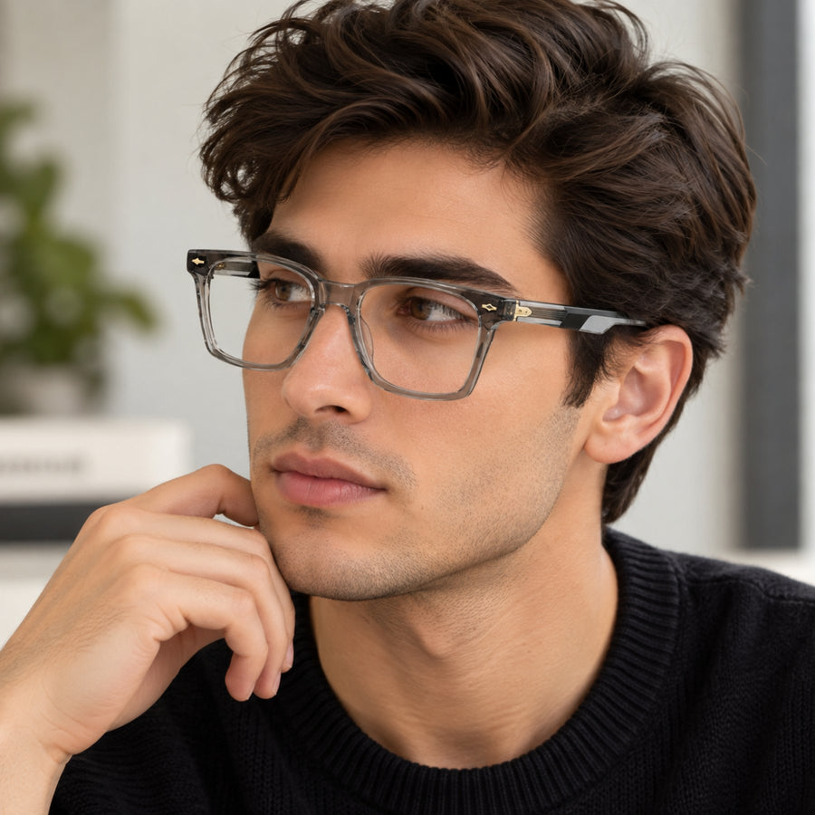 Man wearing VERLIN 6204 Grey Crystal rectangle eyeglasses