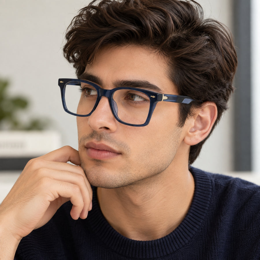 Man wearing VERLIN 6204 Navy Blue rectangle eyeglasses