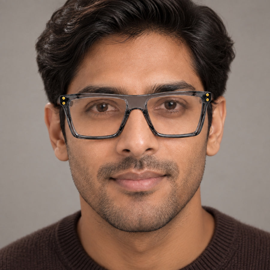 Man wearing VERLIN 6230 Grey Crystal flat-top rectangle eyeglasses