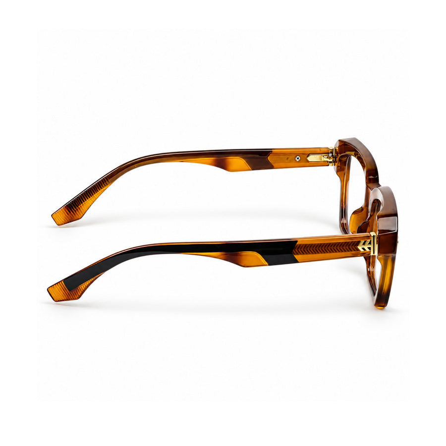 VERLIN 6233 Amber Tortoise bold square frame, temple and hinge detail