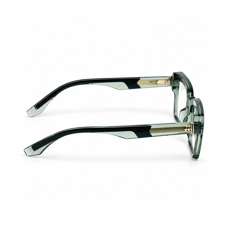 VERLIN 6233 Sage Green bold square frame, temple and hinge detail