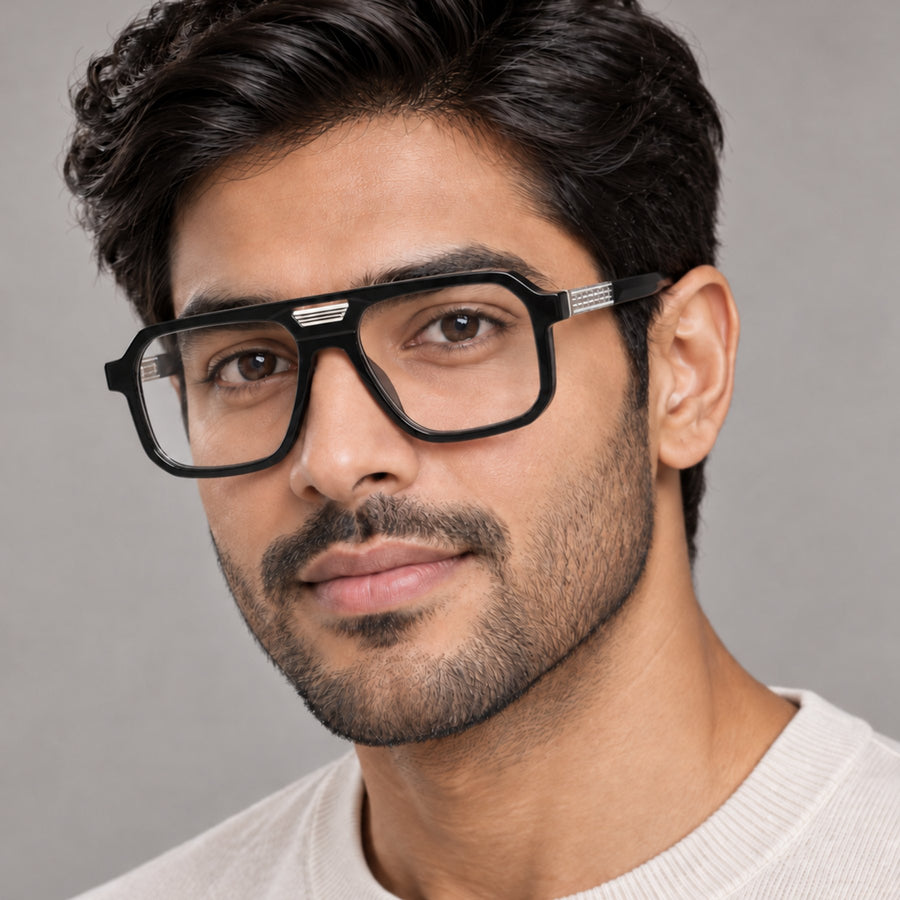Man wearing VERLIN 6240 Black Silver navigator eyeglasses