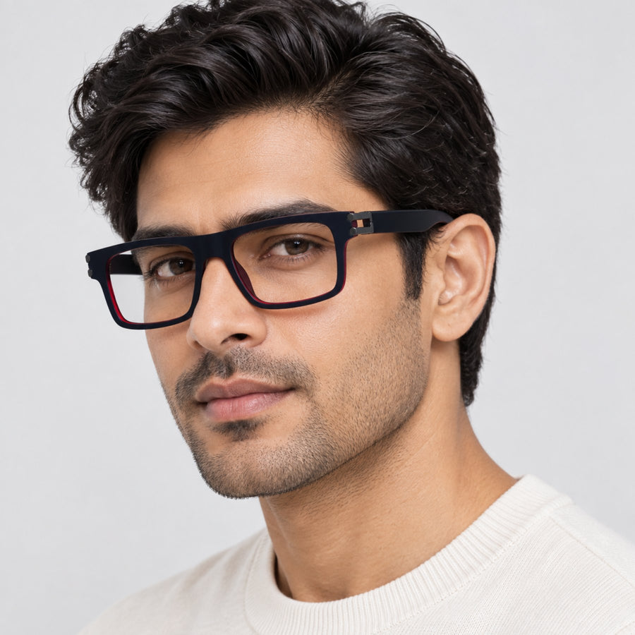 Model wearing 82103 VERLIN Flat-Top Rectangle Computer Glasses in Black Red