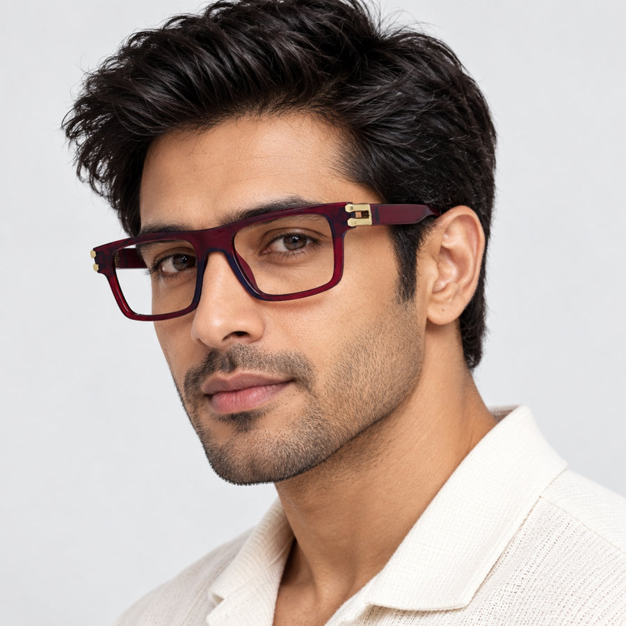 Model wearing 82103 VERLIN Flat-Top Rectangle Computer Glasses in Wine Red