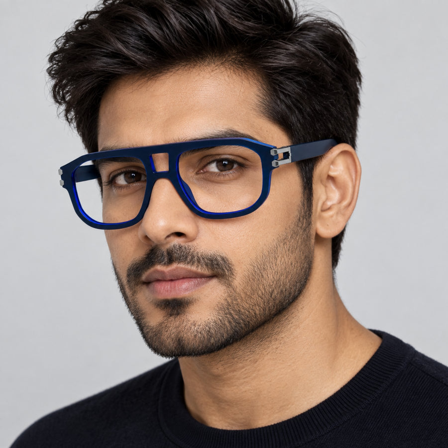 Model wearing 82104 VERLIN Navigator Computer Glasses in Navy Blue