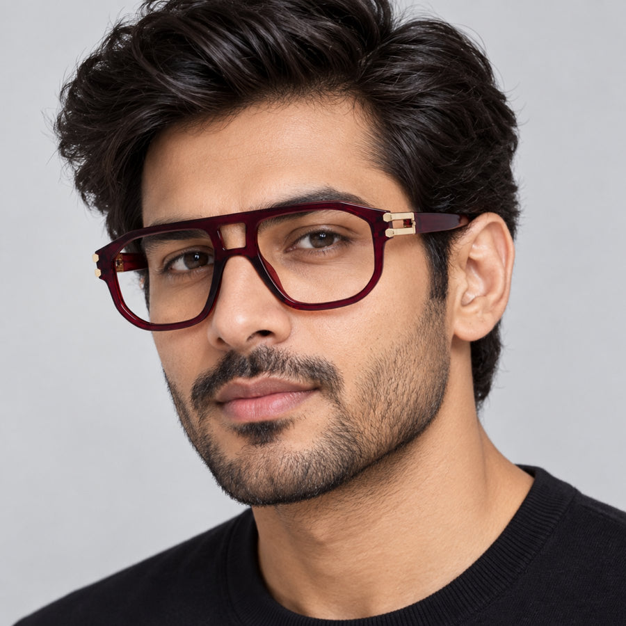 Model wearing 82104 VERLIN Navigator Computer Glasses in Wine Red