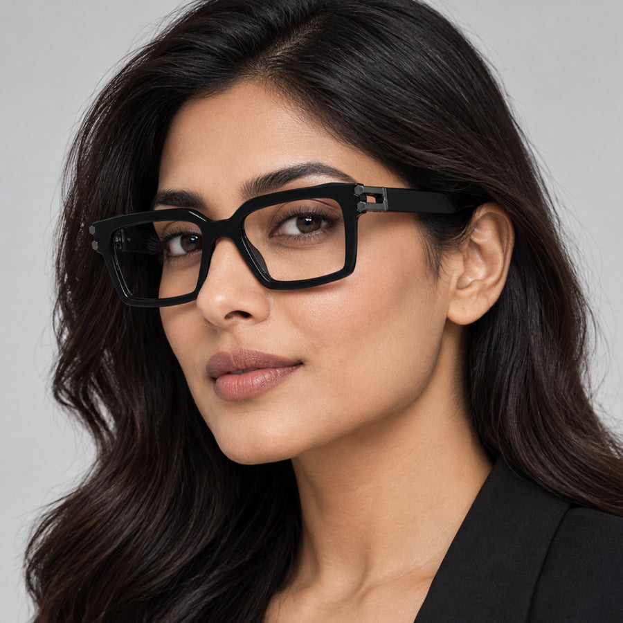 Model wearing 82106 VERLIN Square Computer Glasses in Black