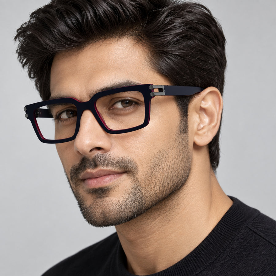 Model wearing 82106 VERLIN Square Computer Glasses in Black Red