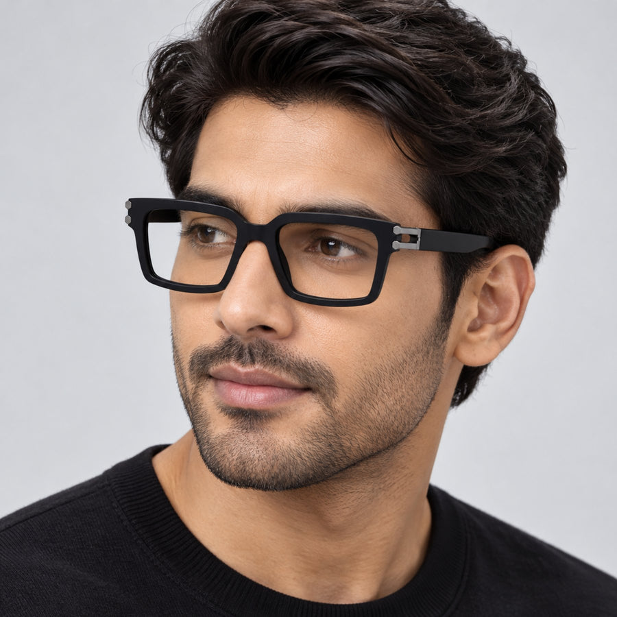 Model wearing 82106 VERLIN Square Computer Glasses in Matte Black