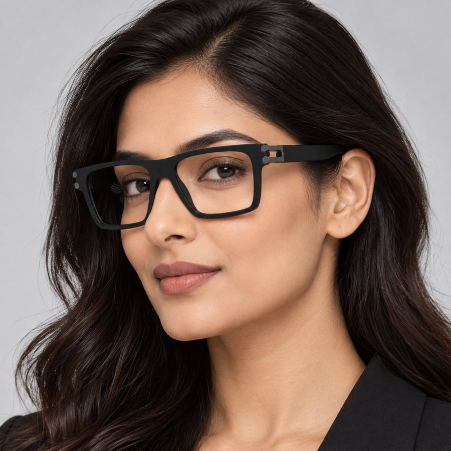 Model wearing 82107 VERLIN Flat-Top Square Computer Glasses in Matte Black
