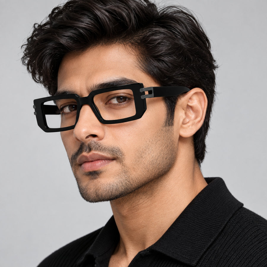 Model wearing 82108 VERLIN Rectangle Computer Glasses in Matte Black