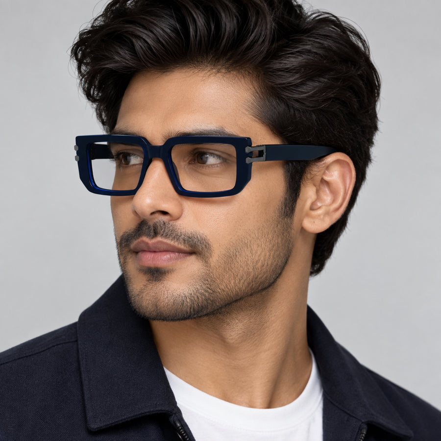 Model wearing 82108 VERLIN Rectangle Computer Glasses in Navy Blue