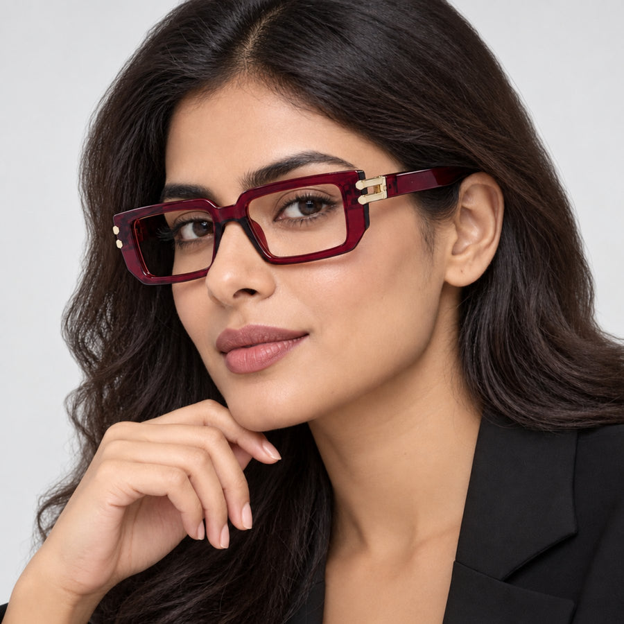 Model wearing 82108 VERLIN Rectangle Computer Glasses in Wine Red