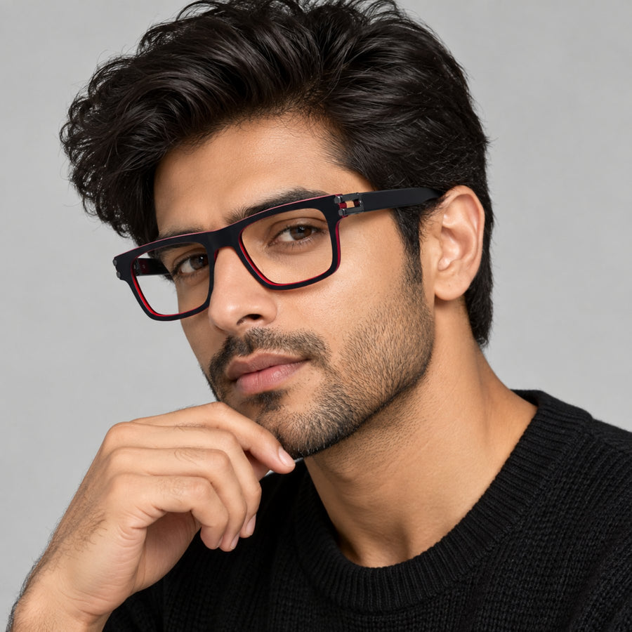 Model wearing 82109 VERLIN Rectangle Computer Glasses in Black Red
