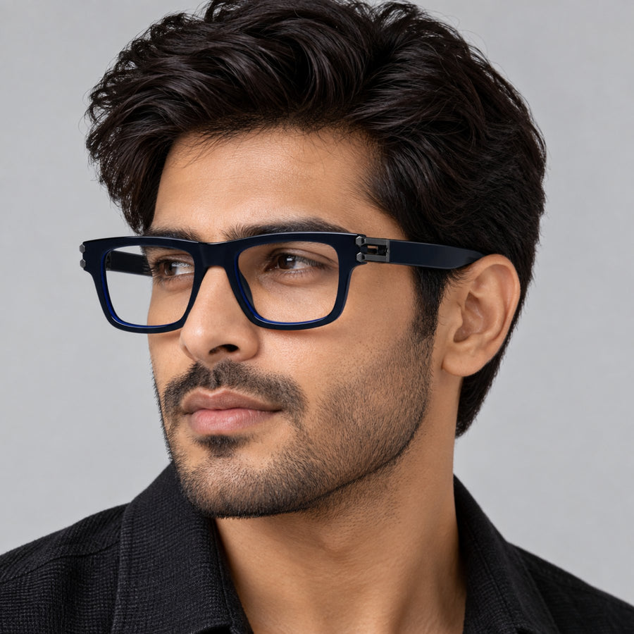 Model wearing 82109 VERLIN Rectangle Computer Glasses in Navy Blue