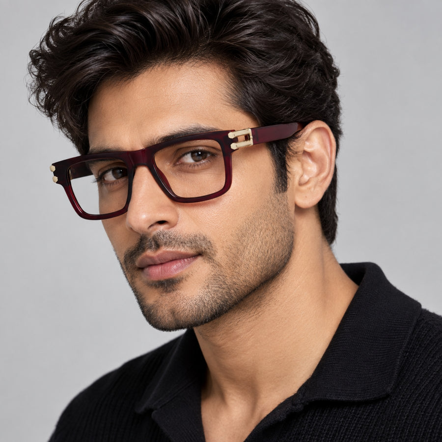 Model wearing 82109 VERLIN Rectangle Computer Glasses in Wine Red