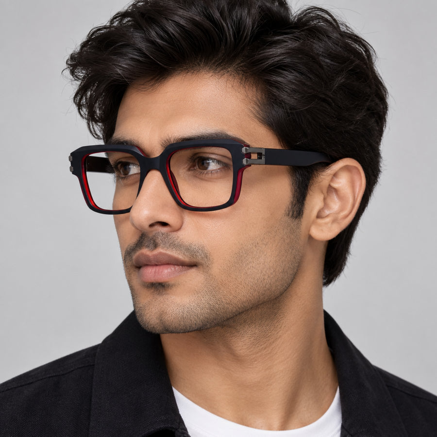 Model wearing 82110 VERLIN Square Computer Glasses in Black Red