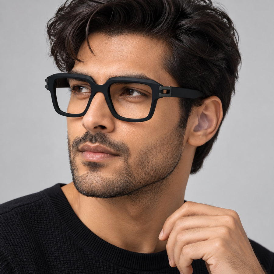 Model wearing 82110 VERLIN Square Computer Glasses in Matte Black