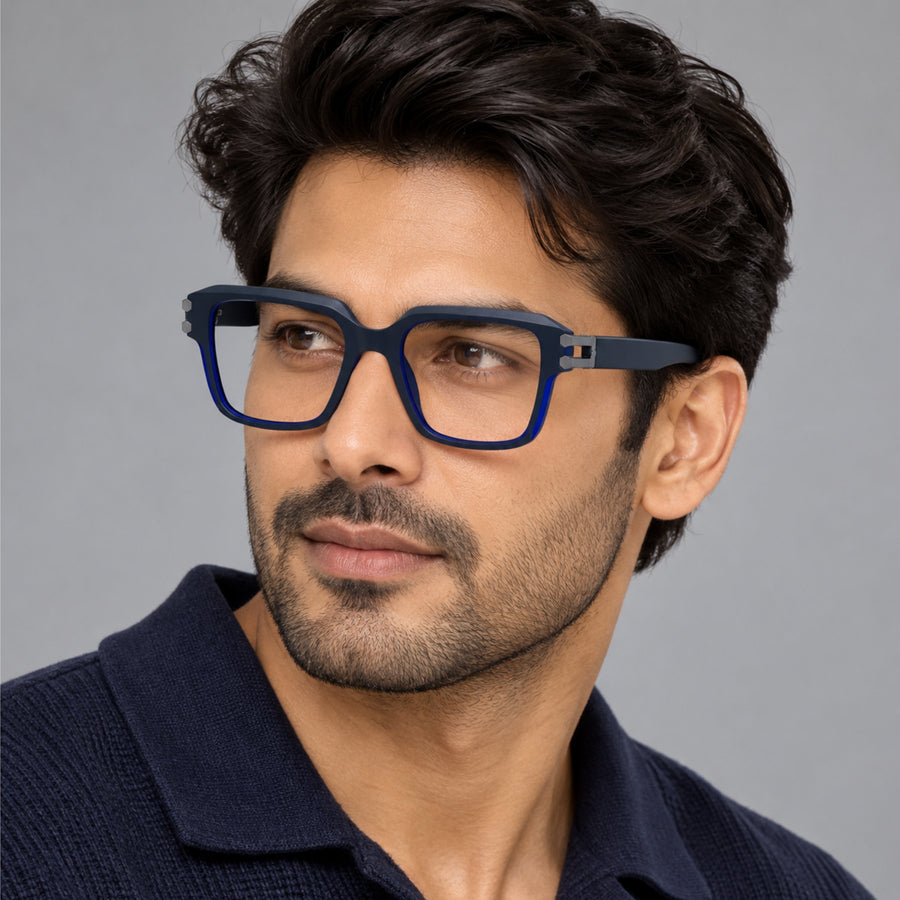 Model wearing 82110 VERLIN Square Computer Glasses in Navy Blue