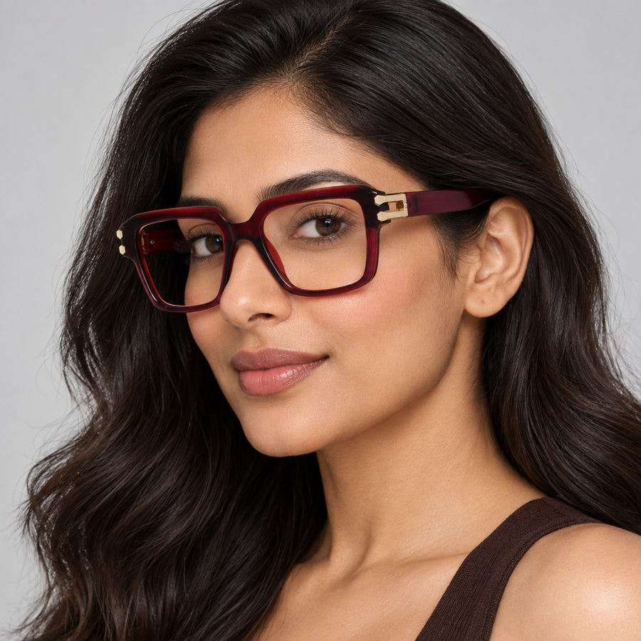 Model wearing 82110 VERLIN Square Computer Glasses in Wine Red