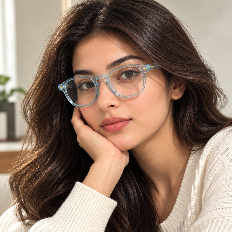 Model wearing 86307 VERLIN Square Optical Frame in Sky Blue