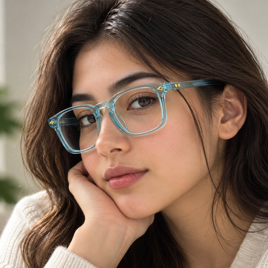 Model wearing 86312 VERLIN Square Optical Frame in Sky Blue