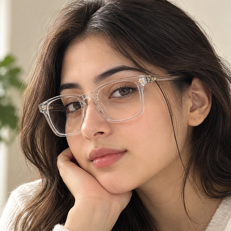 Model wearing 86312 VERLIN Square Optical Frame in Clear Crystal