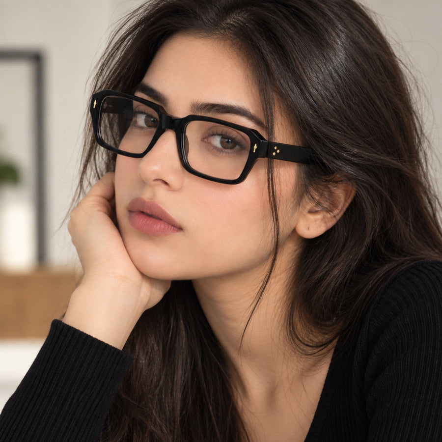 Model wearing 86319 VERLIN Rectangle Optical Frame in Black