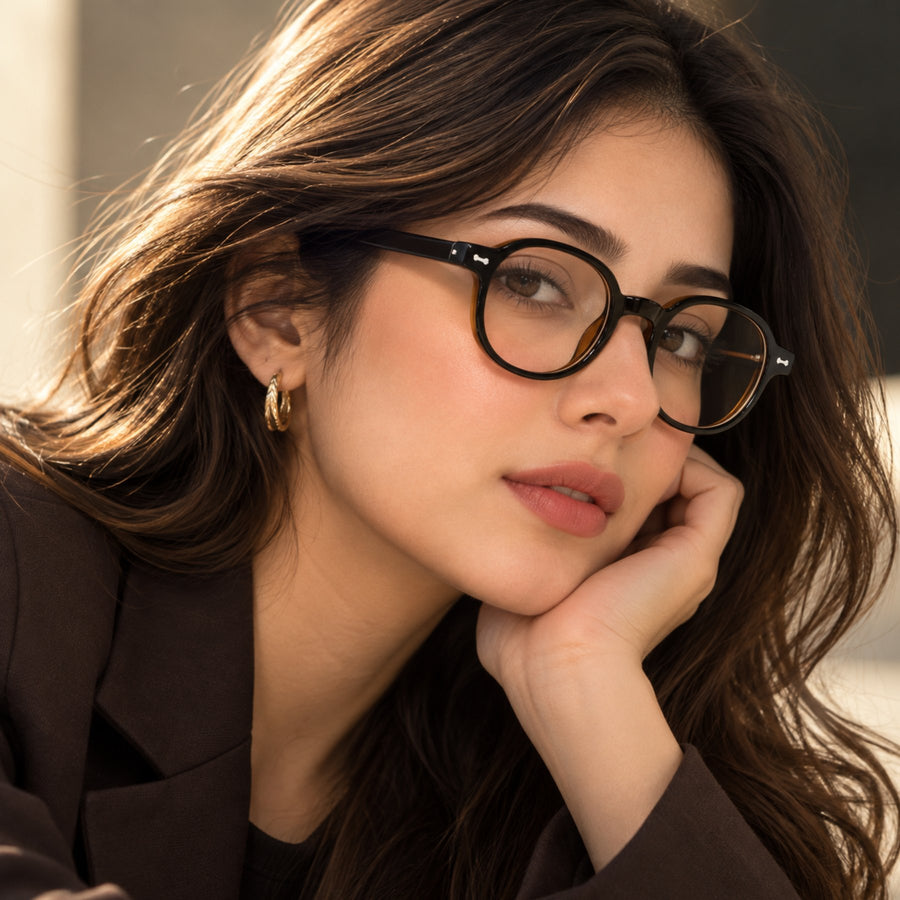 Model wearing LBD-010 VERLIN Octagon Optical Frame in Black