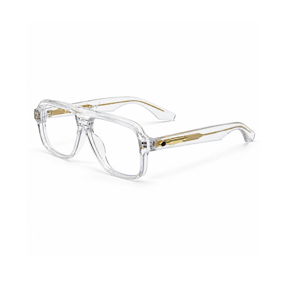 V002 VERLIN Navigator Optical Frame in Crystal Clear — three-quarter view