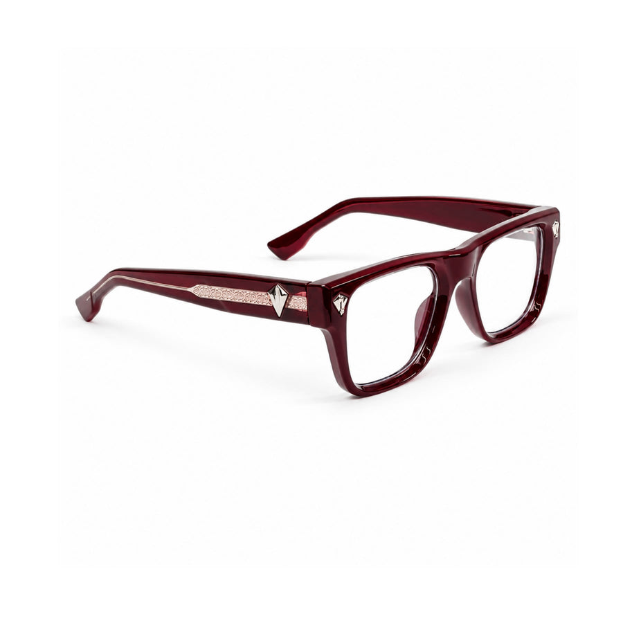 V003 VERLIN Rectangle Optical Frame in Burgundy — three-quarter view (opposite side)