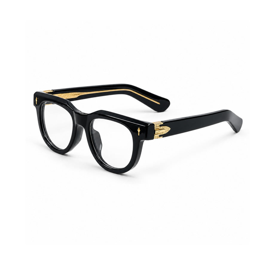 V004 VERLIN Round Optical Frame in Black Gold — three-quarter view