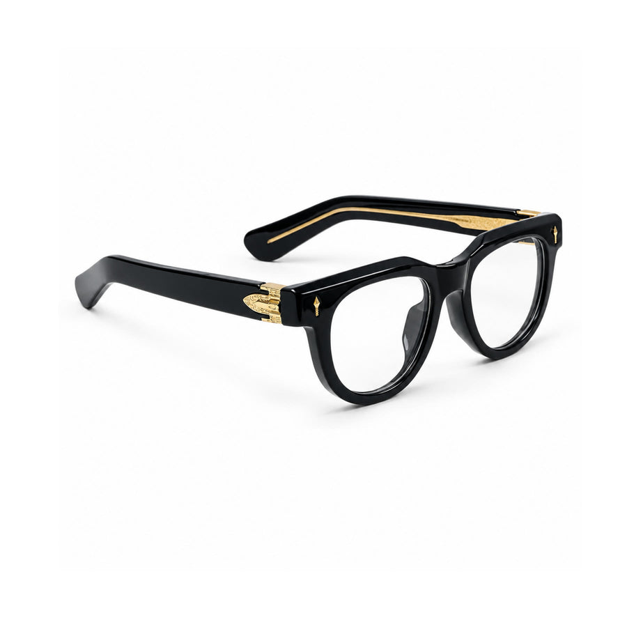 V004 VERLIN Round Optical Frame in Black Gold — three-quarter view (opposite side)