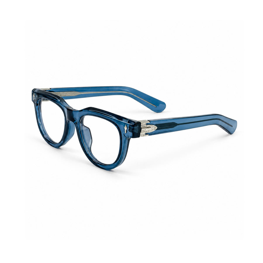 V004 VERLIN Round Optical Frame in Blue — three-quarter view
