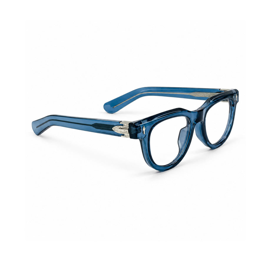 V004 VERLIN Round Optical Frame in Blue — three-quarter view (opposite side)