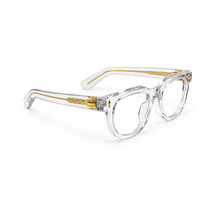 V004 VERLIN Round Optical Frame in Crystal Clear — three-quarter view (opposite side)