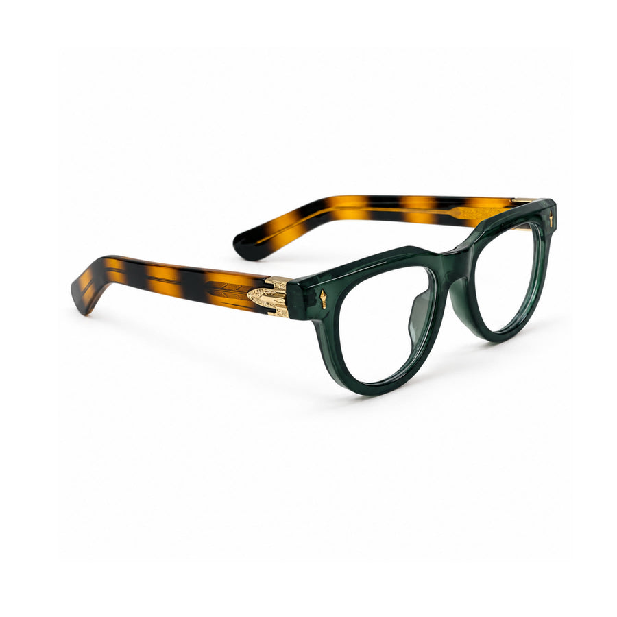 V004 VERLIN Round Optical Frame in Green Tortoise — three-quarter view (opposite side)