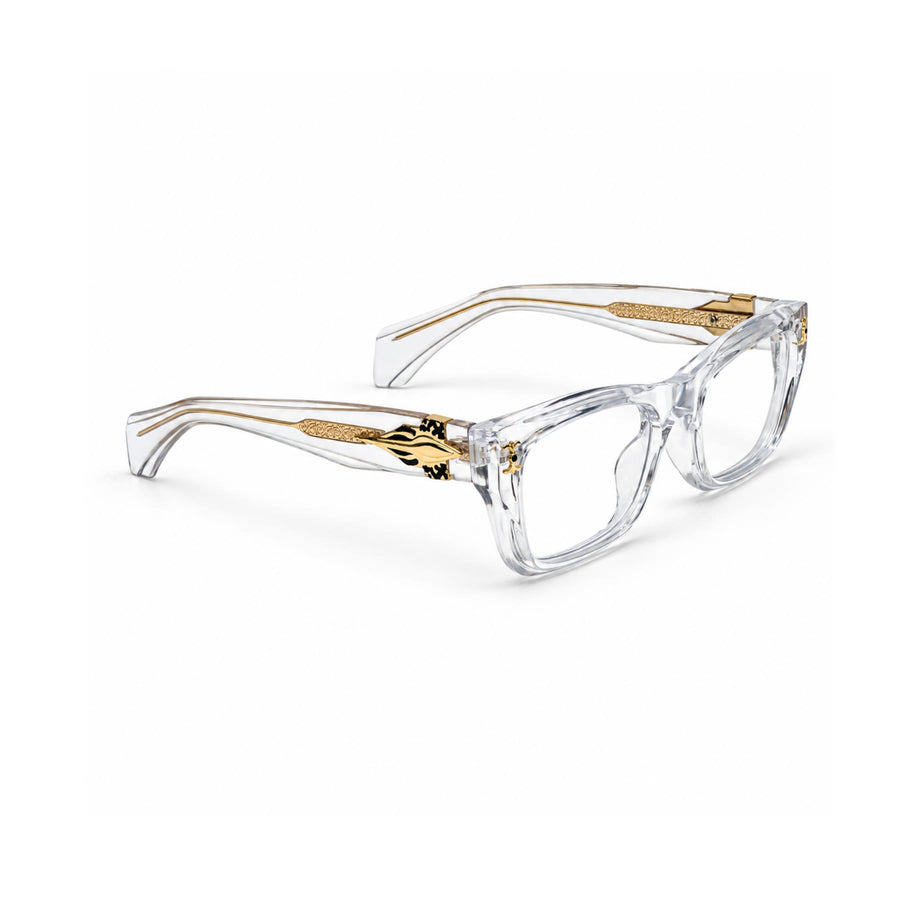 V005 VERLIN Rectangle Optical Frame in Crystal Clear — three-quarter view (opposite side)