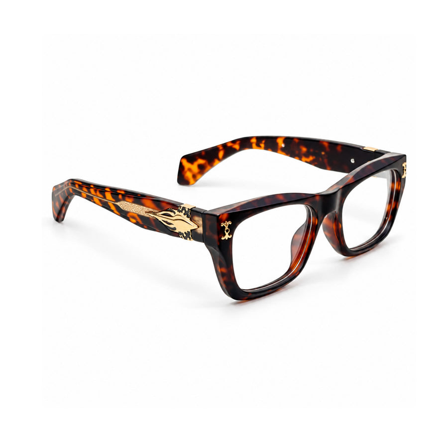 V005 VERLIN Rectangle Optical Frame in Tortoise — three-quarter view (opposite side)