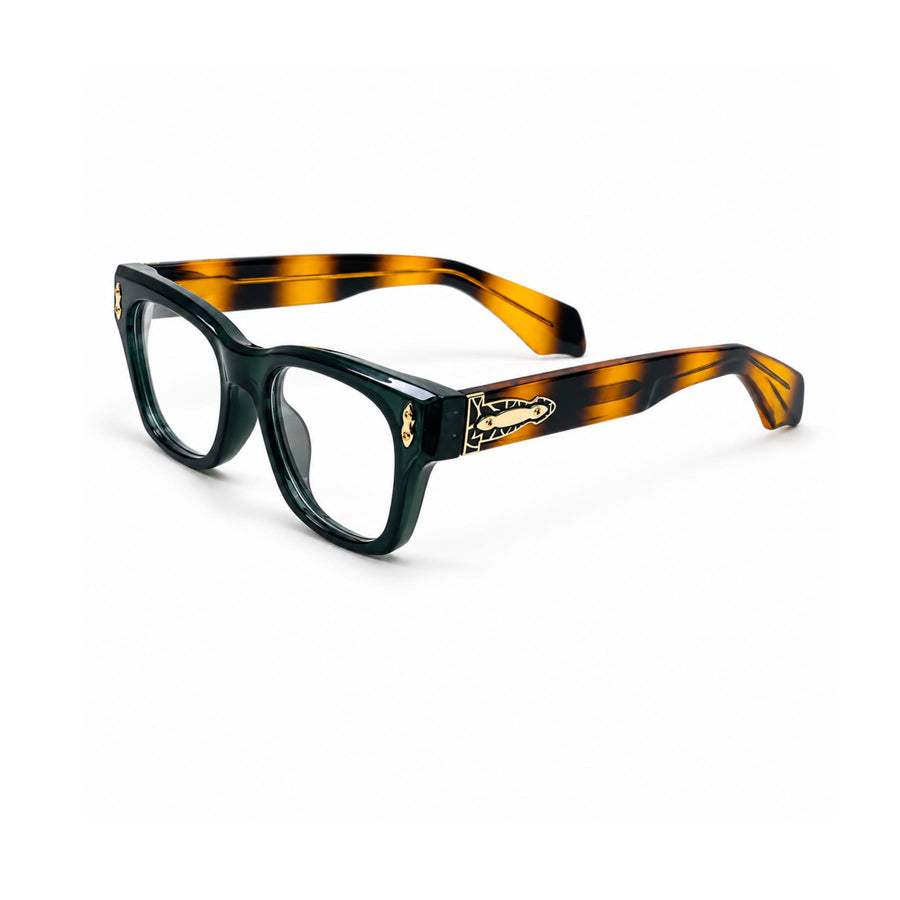 V006 VERLIN Square Optical Frame in Green Tortoise — three-quarter view